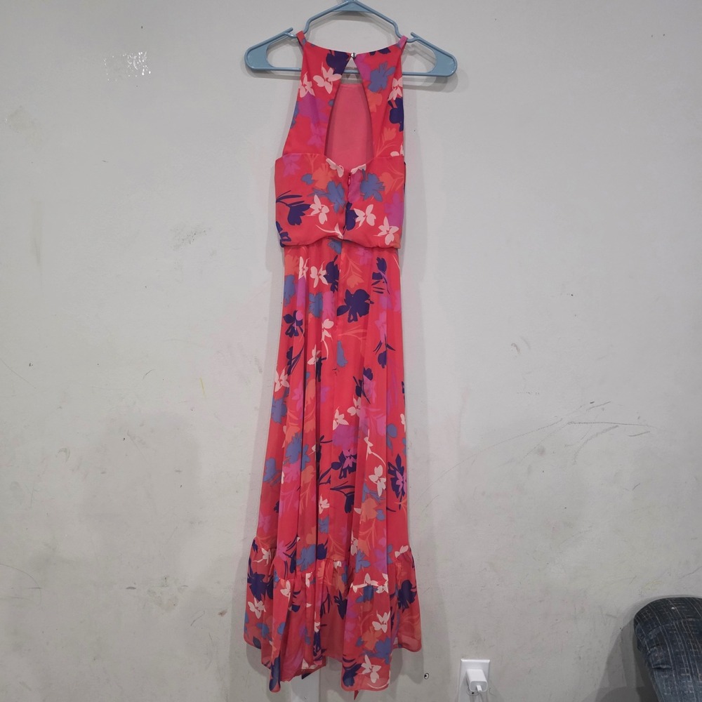 Floral High Neck High-Low Maxi Dress Pink Purple Sleeveless Halter Keyhole Back - Picture 6 of 10